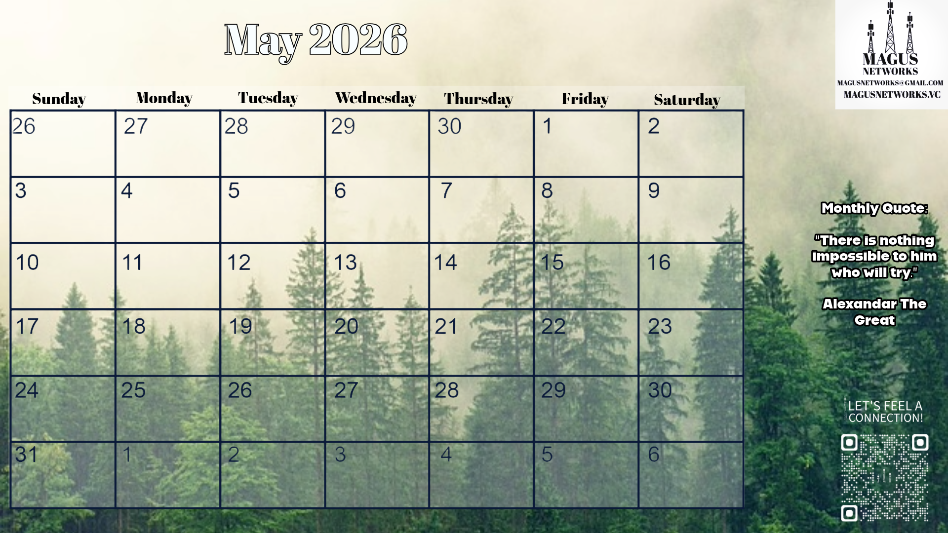 Calendar produced by magus networks for the month of may